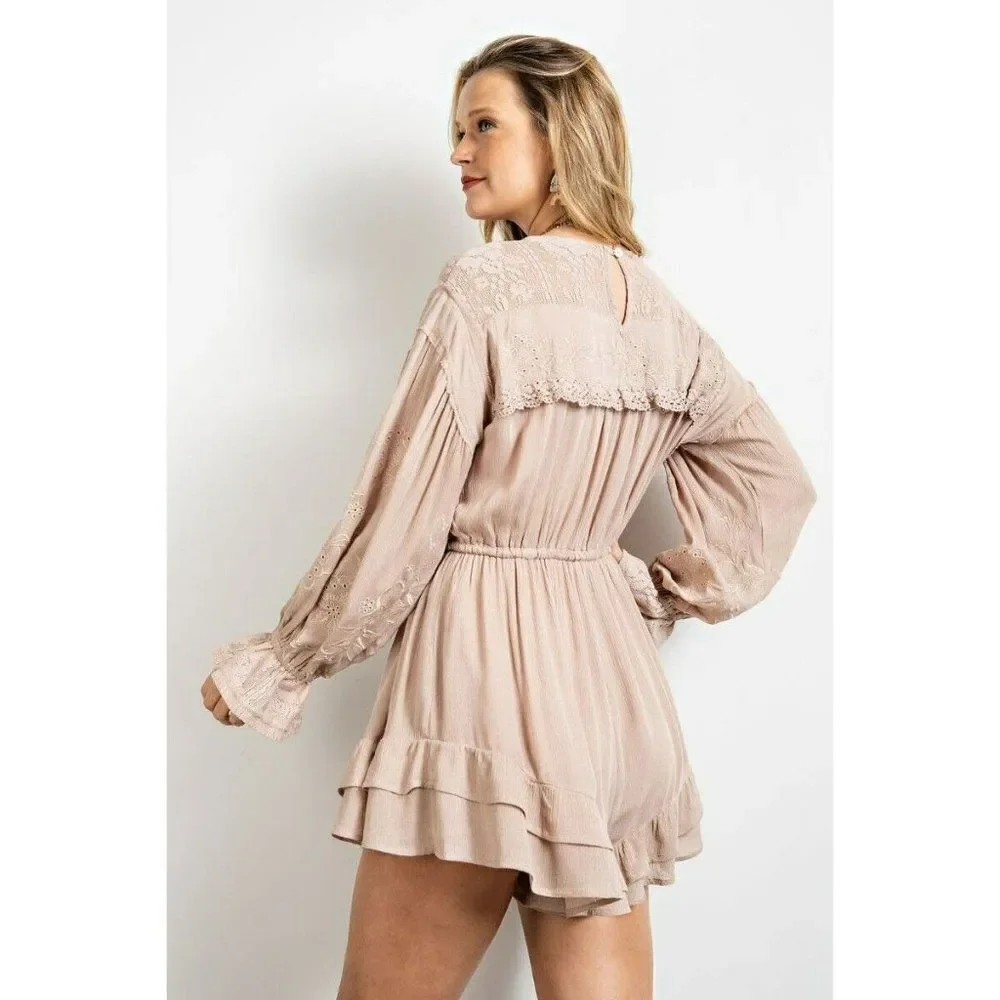 Easel Women's Boho Lace Ruffle Gauze Long Sleeve Romper Mushroom S-L New EB41218